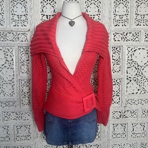 Cache Coral Pink Y2K Style Shawl Collar Open Wrap Cardigan With Buckle Size S